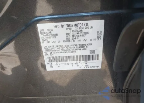 2016 Ford Edge Titanium z USA, uszkodzony, nr VIN 2FMPK4K98GBC35696